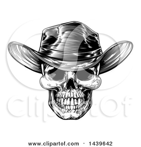Clipart of a Black and White Woodcut Etched or Engraved Cowboy Skull - Royalty Free Vector Illustration by AtStockIllustration
