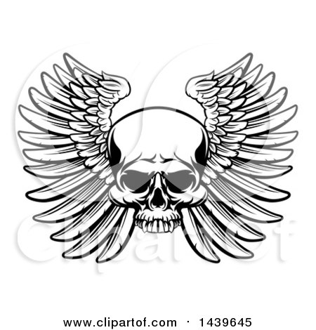 Clipart of a Black and White Woodcut Etched or Engraved Winged Skull - Royalty Free Vector Illustration by AtStockIllustration
