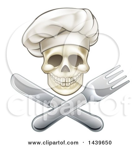Clipart of a Chef Human Skull over a Crossed Knife and Fork - Royalty Free Vector Illustration by AtStockIllustration