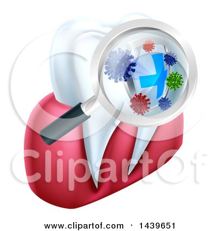Clipart of a Magnifying Glass over a Tooth, Displaying Bacteria and a Shield - Royalty Free Vector Illustration by AtStockIllustration