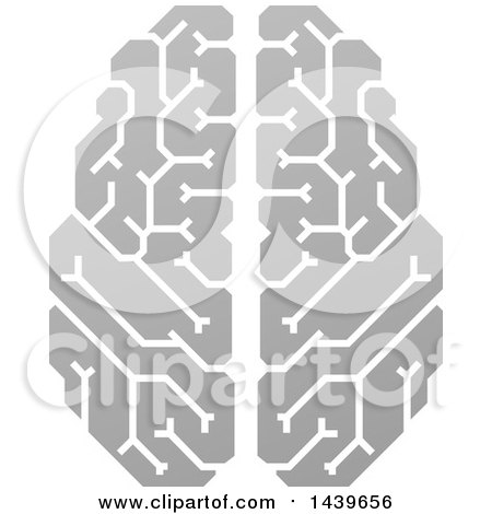 Clipart of a Grayscale Human Brain with Electrical Circuits - Royalty Free Vector Illustration by AtStockIllustration