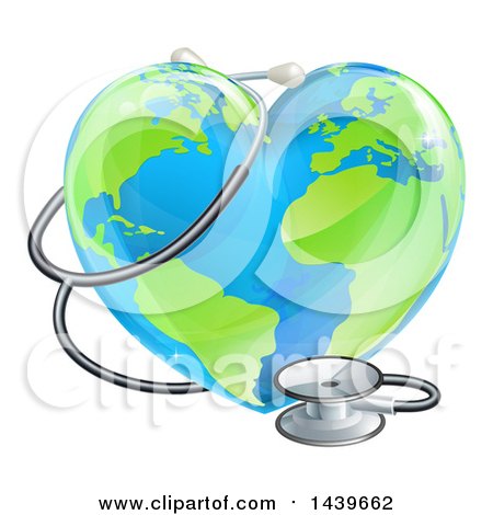 Clipart of a 3d Medical Stethoscope Around a Heart Earth Globe - Royalty Free Vector Illustration by AtStockIllustration