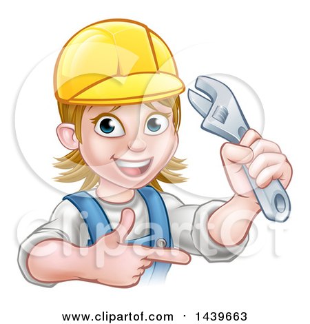 Clipart of a Cartoon Happy White Female Plumber Holding an Adjustable Wrench and Pointing - Royalty Free Vector Illustration by AtStockIllustration