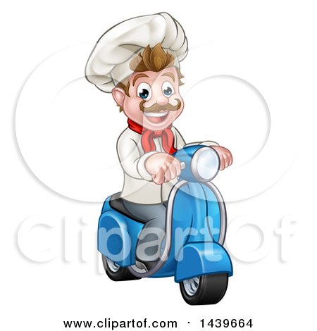 Clipart of a Cartoon Happy White Male Chef on a Delivery Scooter - Royalty Free Vector Illustration by AtStockIllustration