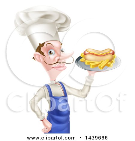 Clipart of a White Male Chef with a Curling Mustache, Holding a Hot Dog and Fries on a Platter - Royalty Free Vector Illustration by AtStockIllustration