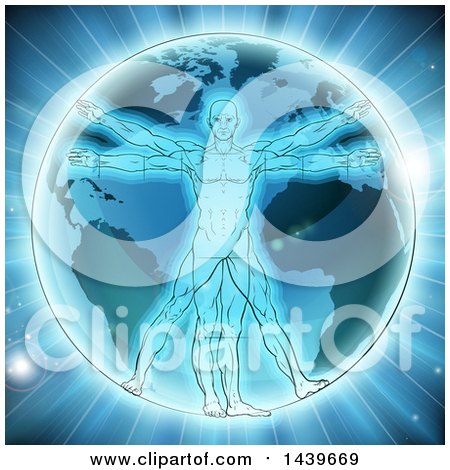 Clipart of a Vitruvian Man over Earth, with Bright Light - Royalty Free Vector Illustration by AtStockIllustration