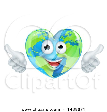 Clipart of a Happy Earth Globe in the Shape of a Heart Character Giving Two Thumbs up - Royalty Free Vector Illustration by AtStockIllustration