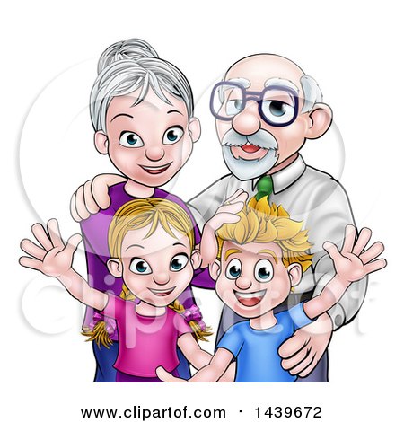 Clipart of a Cartoon Happy Caucasian Boy and Girl with Their Grandparents - Royalty Free Vector Illustration by AtStockIllustration