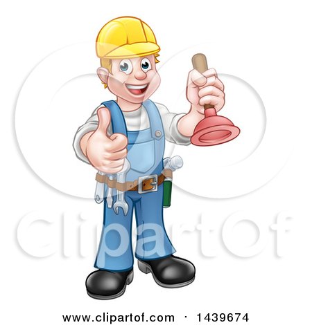 Clipart of a Cartoon Full Length Happy White Male Plumber Holding a Plunger and Giving a Thumb up - Royalty Free Vector Illustration by AtStockIllustration
