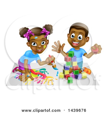 Clipart of a Cartoon Happy Black Boy and Girl Kneeling and Painting and Playing with Blocks - Royalty Free Vector Illustration by AtStockIllustration