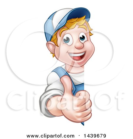 Clipart of a Cartoon Happy White Male Worker Giving a Thumb up Around a Sign - Royalty Free Vector Illustration by AtStockIllustration