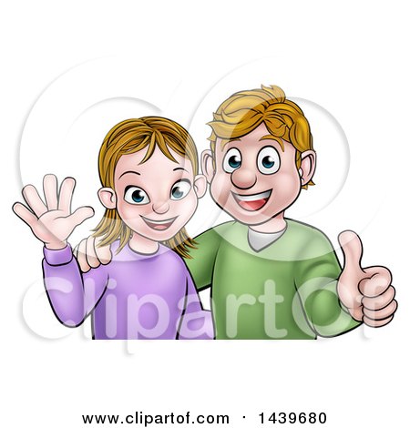 Clipart of a Cartoon Casual Young Caucasian Couple Waving and Giving a Thumb up - Royalty Free Vector Illustration by AtStockIllustration