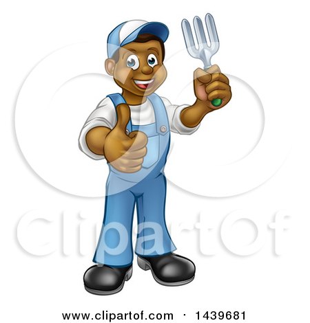 Clipart of a Cartoon Full Length Happy Black Male Gardener in Blue, Holding a Garden Fork and Giving a Thumb up - Royalty Free Vector Illustration by AtStockIllustration