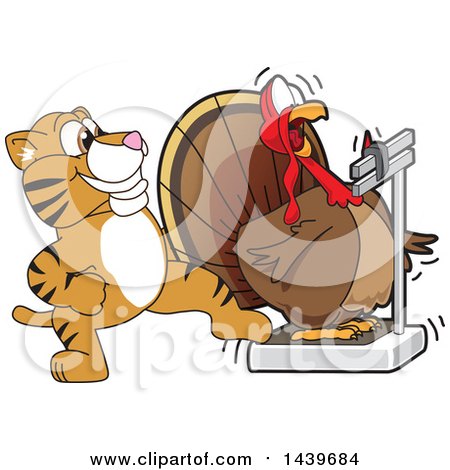 Clipart of a Tiger Cub School Mascot Character Stepping on a Scale While a Turkey Weighs Himself - Royalty Free Vector Illustration by Mascot Junction