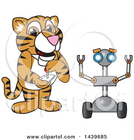 Clipart of a Tiger Cub School Mascot Character Operating a Robot - Royalty Free Vector Illustration by Mascot Junction