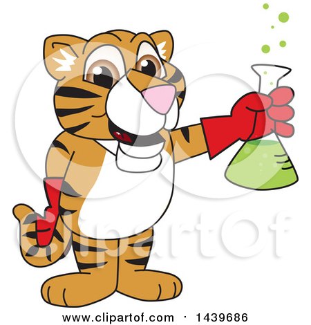 Clipart of a Tiger Cub School Mascot Character Holding a Science Flask - Royalty Free Vector Illustration by Mascot Junction