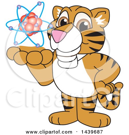 Clipart of a Tiger Cub School Mascot Character Holding an Atom - Royalty Free Vector Illustration by Mascot Junction