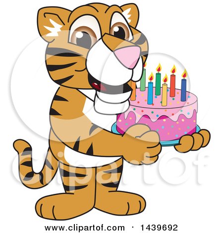 Clipart of a Tiger Cub School Mascot Character Holding a Birthday Cake - Royalty Free Vector Illustration by Mascot Junction