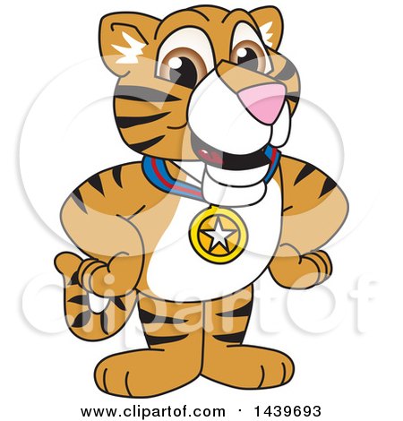 Clipart of a Tiger Cub School Mascot Character Wearing a Sports Medal - Royalty Free Vector Illustration by Mascot Junction