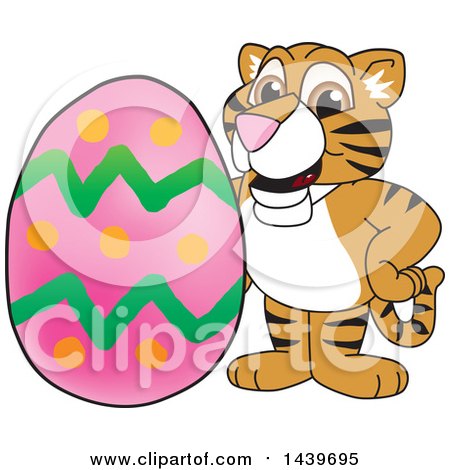 Clipart of a Tiger Cub School Mascot Character with an Easter Egg - Royalty Free Vector Illustration by Mascot Junction