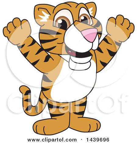 Clipart of a Tiger Cub School Mascot Character Cheering - Royalty Free Vector Illustration by Mascot Junction