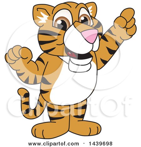 Clipart of a Tiger Cub School Mascot Character Holding up a Finger - Royalty Free Vector Illustration by Mascot Junction