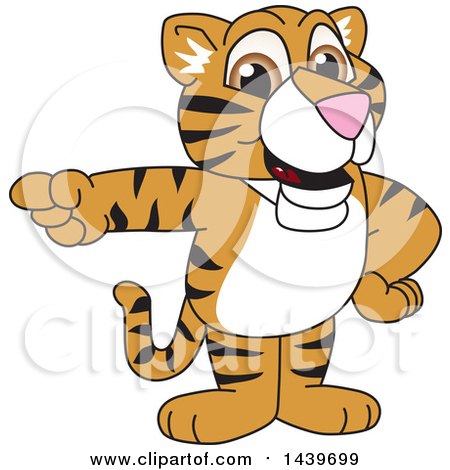 Clipart of a Tiger Cub School Mascot Character Pointing - Royalty Free Vector Illustration by Mascot Junction