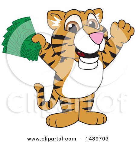 Clipart of a Tiger Cub School Mascot Character Holding Cash Money - Royalty Free Vector Illustration by Mascot Junction
