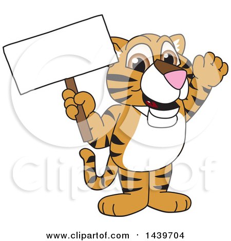 Clipart of a Tiger Cub School Mascot Character Holding a Blank Sign - Royalty Free Vector Illustration by Mascot Junction