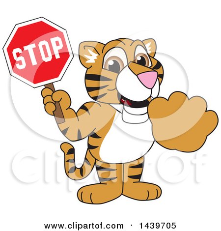 Clipart of a Tiger Cub School Mascot Character Holding a Stop Sign - Royalty Free Vector Illustration by Mascot Junction