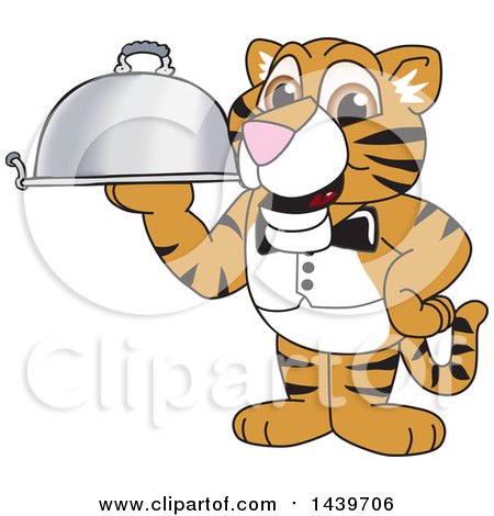 Clipart of a Tiger Cub School Mascot Character Waiter Holding a Cloche Platter - Royalty Free Vector Illustration by Mascot Junction
