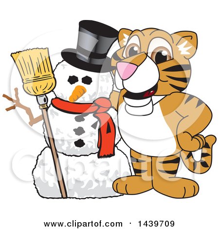 Clipart of a Tiger Cub School Mascot Character with a Snowman - Royalty Free Vector Illustration by Mascot Junction