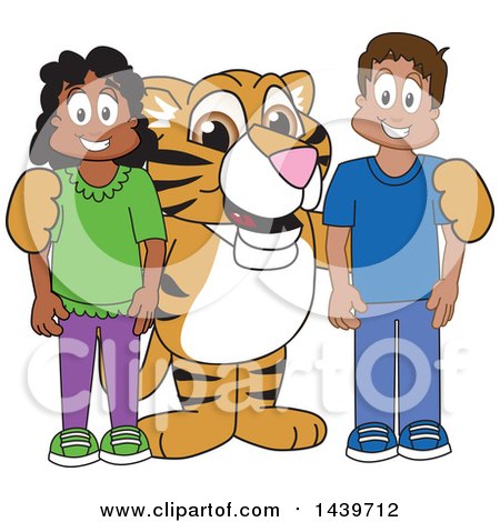 Clipart of a Tiger Cub School Mascot Character with Happy Students - Royalty Free Vector Illustration by Mascot Junction