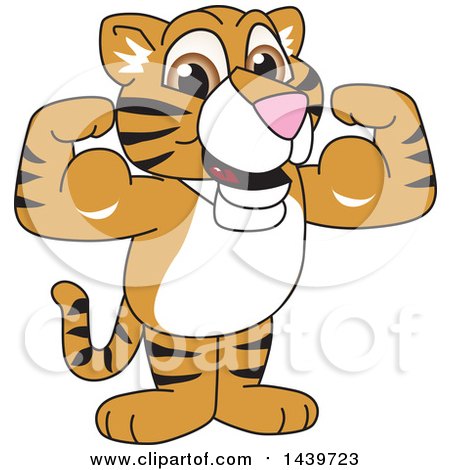 Clipart of a Tiger Cub School Mascot Character Flexing - Royalty Free Vector Illustration by Mascot Junction