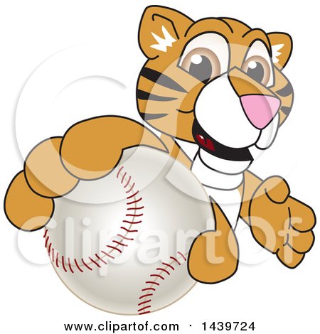 Clipart of a Tiger Cub School Mascot Character Grabbing a Baseball - Royalty Free Vector Illustration by Mascot Junction