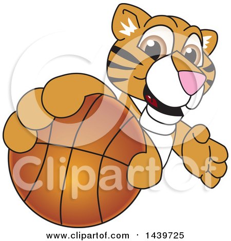 Clipart of a Tiger Cub School Mascot Character Grabbing a Basketball - Royalty Free Vector Illustration by Mascot Junction