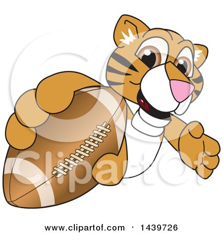 Clipart of a Tiger Cub School Mascot Character Grabbing a Football - Royalty Free Vector Illustration by Mascot Junction