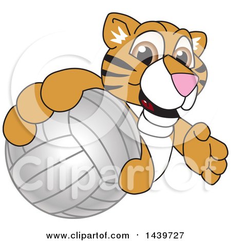 Clipart of a Tiger Cub School Mascot Character Grabbing a Volleyball - Royalty Free Vector Illustration by Mascot Junction