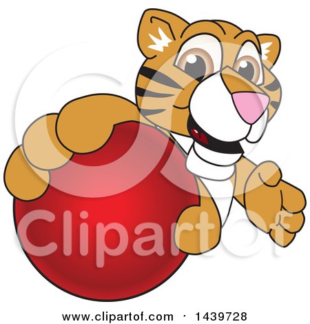 Clipart of a Tiger Cub School Mascot Character Grabbing a Red Ball - Royalty Free Vector Illustration by Mascot Junction