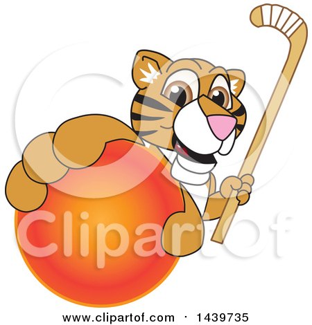 Clipart of a Tiger Cub School Mascot Character Grabbing a Hockey Ball and Holding a Stick - Royalty Free Vector Illustration by Mascot Junction