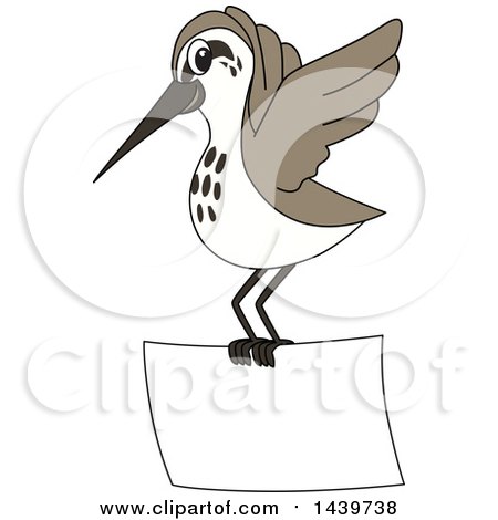 Clipart of a Sandpiper Bird School Mascot Character Flying with a Banner - Royalty Free Vector Illustration by Mascot Junction