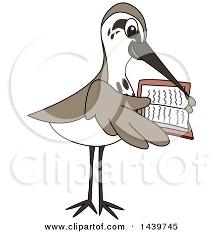 Clipart of a Sandpiper Bird School Mascot Character Reading a Book - Royalty Free Vector Illustration by Mascot Junction