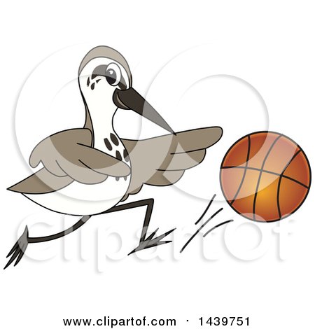 Clipart of a Sandpiper Bird School Mascot Character Playing Basketball - Royalty Free Vector Illustration by Mascot Junction