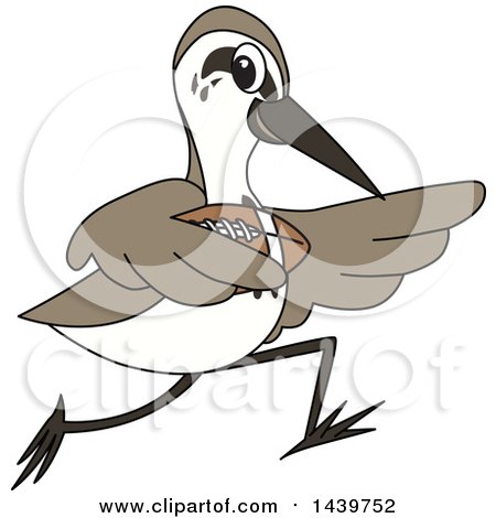 Clipart of a Sandpiper Bird School Mascot Character Playing Football - Royalty Free Vector Illustration by Mascot Junction