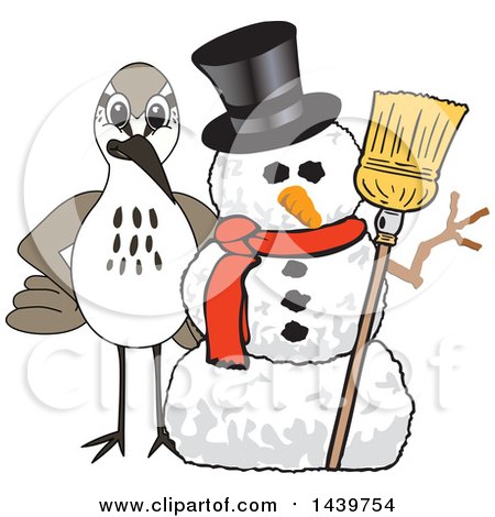 Clipart of a Sandpiper Bird School Mascot Character with a Snowman - Royalty Free Vector Illustration by Mascot Junction