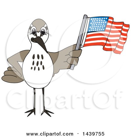 Clipart of a Sandpiper Bird School Mascot Character Waving an American Flag - Royalty Free Vector Illustration by Mascot Junction