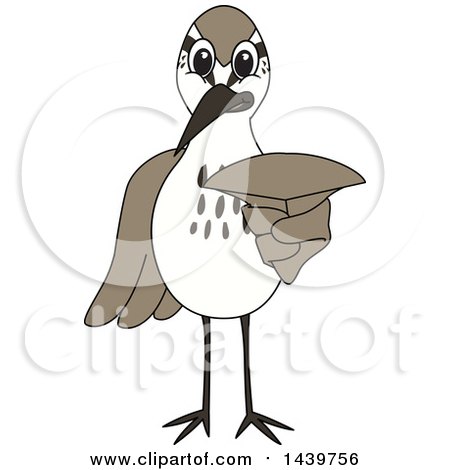 Clipart of a Sandpiper Bird School Mascot Character Pointing Outwards - Royalty Free Vector Illustration by Mascot Junction