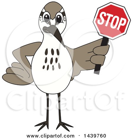 Clipart of a Sandpiper Bird School Mascot Character Holding a Stop Sign - Royalty Free Vector Illustration by Mascot Junction
