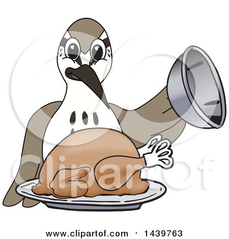 Clipart of a Sandpiper Bird School Mascot Character Serving a Roasted Thanksgiving Turkey - Royalty Free Vector Illustration by Mascot Junction