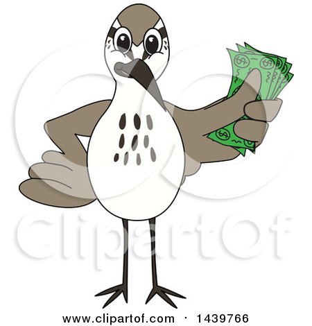 Clipart of a Sandpiper Bird School Mascot Character Holding Cash Money - Royalty Free Vector Illustration by Mascot Junction